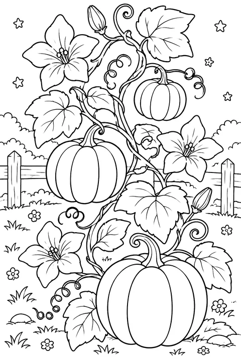 a curling pumpkin vine with flowers, leaves and small pumpkins coloring page