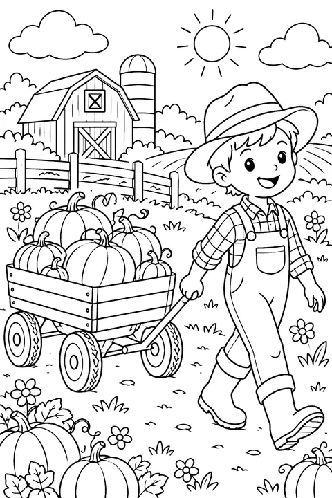 a wagon full of pumpkins pulled by a child in a farm field coloring page