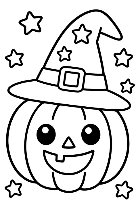 a pumpkin wearing a witch hat with stars around coloring page