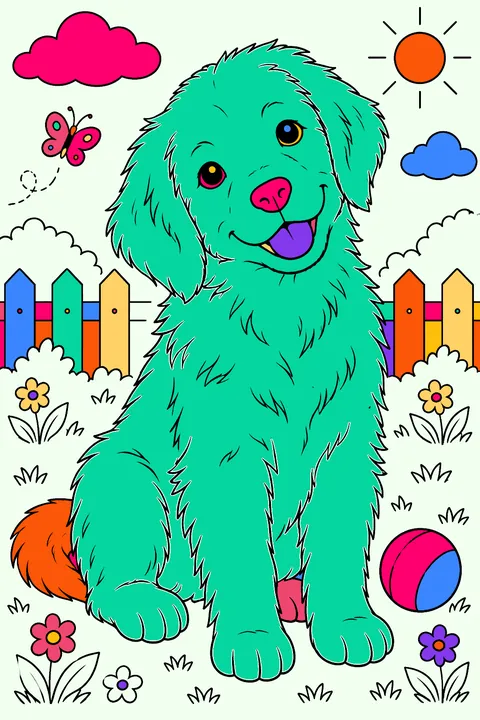 Golden retriever puppy portrait with fluffy fur, bright eyes and a tilted head coloring page