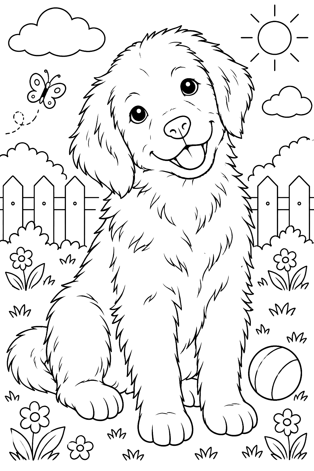 Golden retriever puppy portrait with fluffy fur, bright eyes and a tilted head coloring page