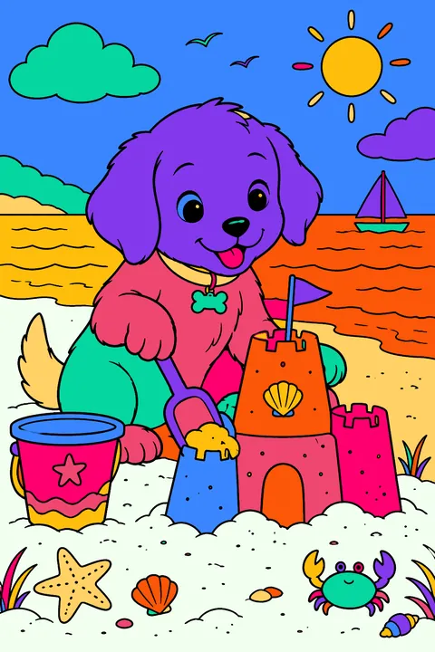 Puppy building a sandcastle at the beach with a bucket and shovel coloring page