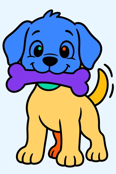 Happy puppy holding a big bone in its mouth and wagging its tail coloring page