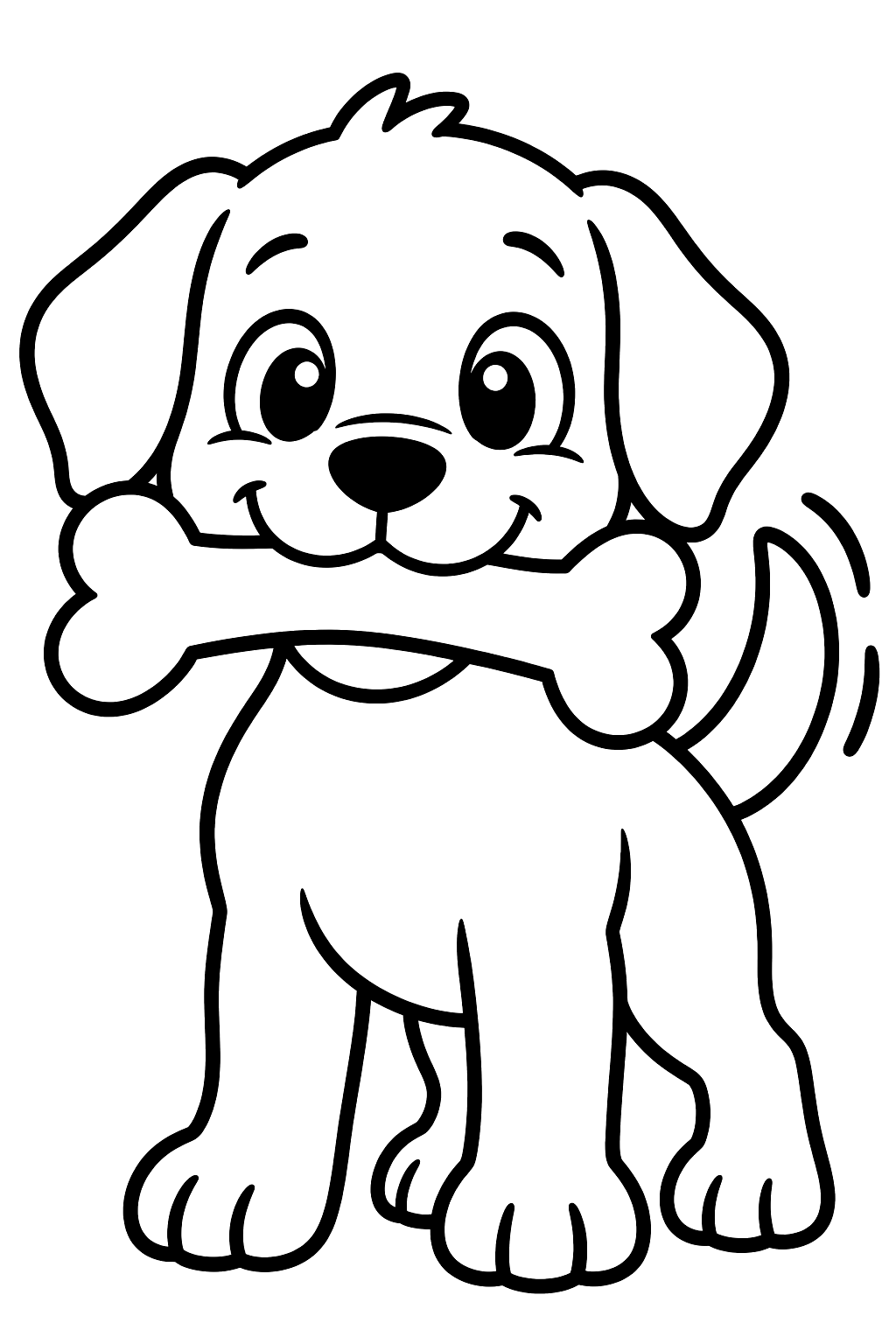 Happy puppy holding a big bone in its mouth and wagging its tail coloring page