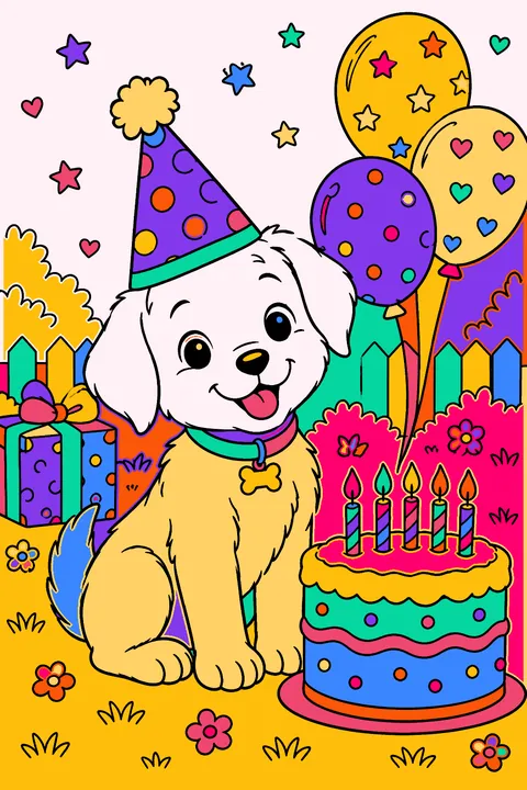 Puppy wearing a party hat beside a birthday cake with candles and balloons coloring page