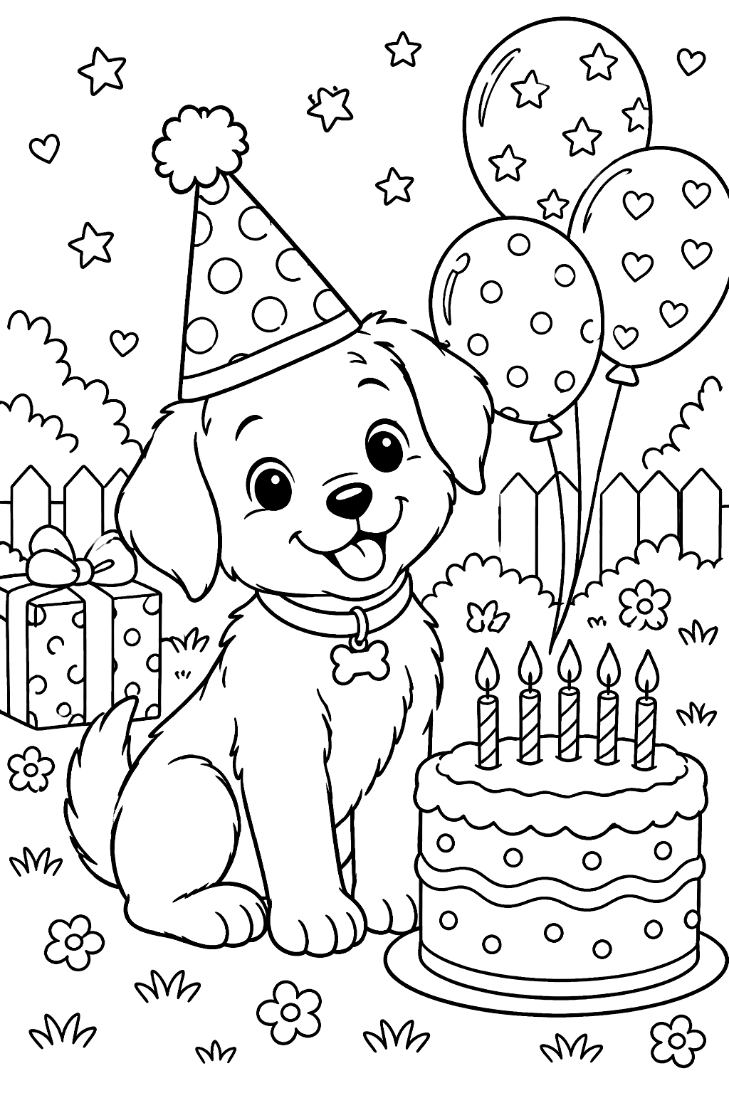 Puppy wearing a party hat beside a birthday cake with candles and balloons coloring page