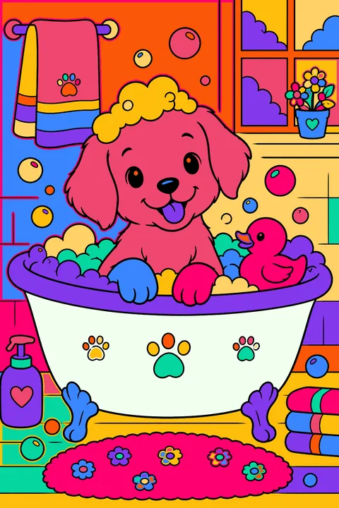 Puppy taking a bubble bath in a tub with a rubber duck coloring page