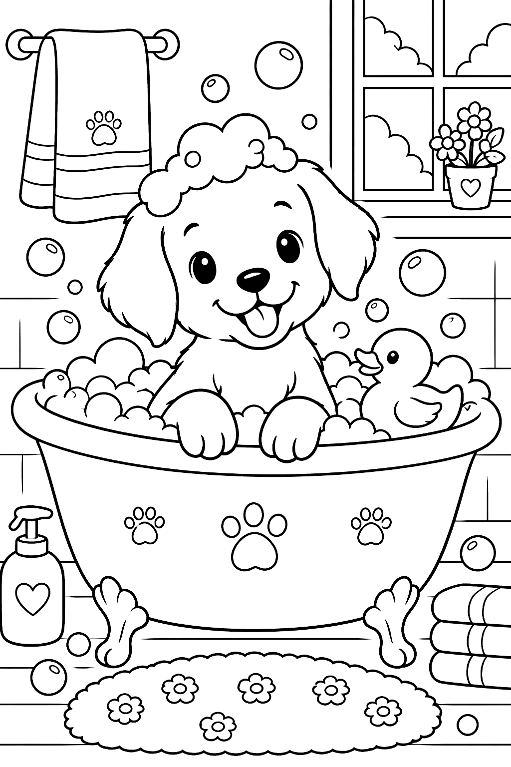 Puppy taking a bubble bath in a tub with a rubber duck coloring page