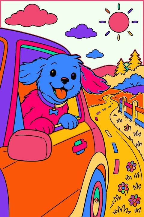 Puppy riding in a car with its head out of the window and ears flapping coloring page