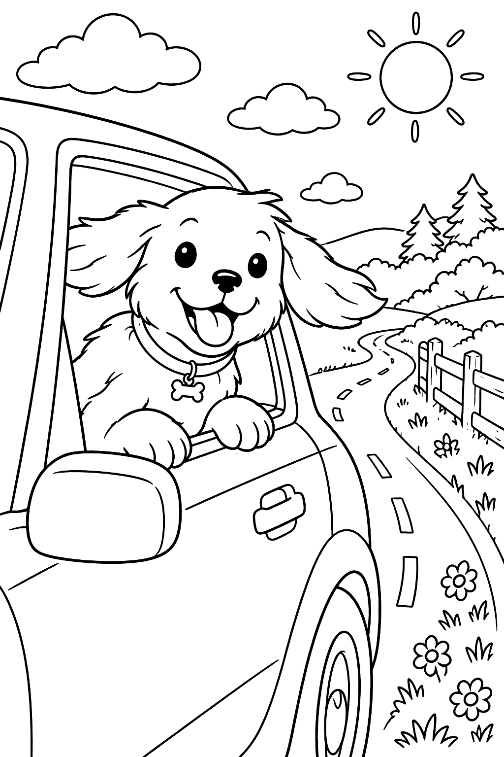 Puppy riding in a car with its head out of the window and ears flapping coloring page