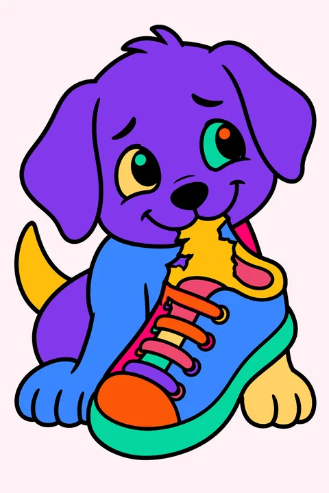 Puppy chewing on a sneaker with a guilty little smile coloring page