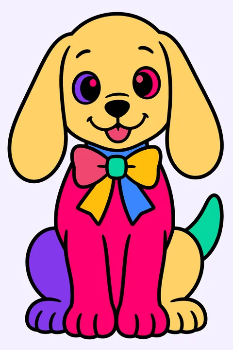 Puppy sitting with a big bow on its collar and long floppy ears coloring page