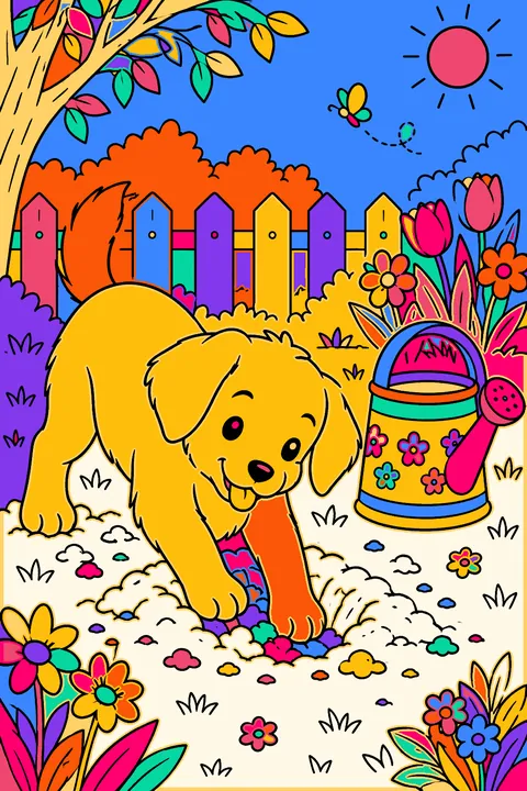 Puppy digging a hole in the garden next to a watering can and flowers coloring page