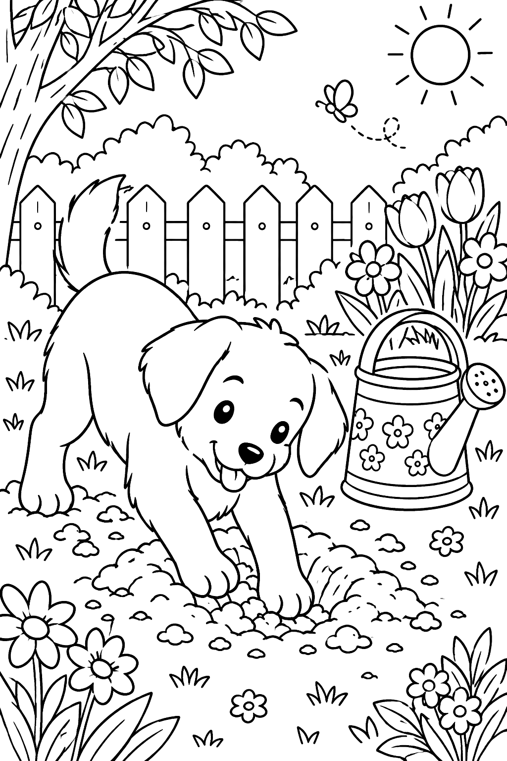 Puppy digging a hole in the garden next to a watering can and flowers coloring page