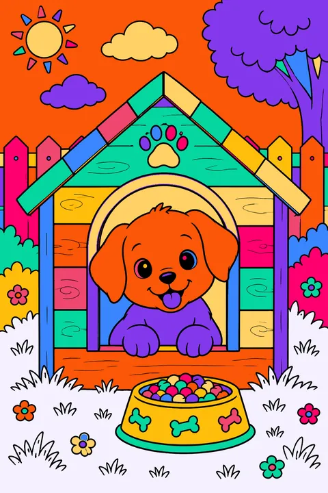 Puppy peeking out of a wooden dog house with a food bowl in front coloring page
