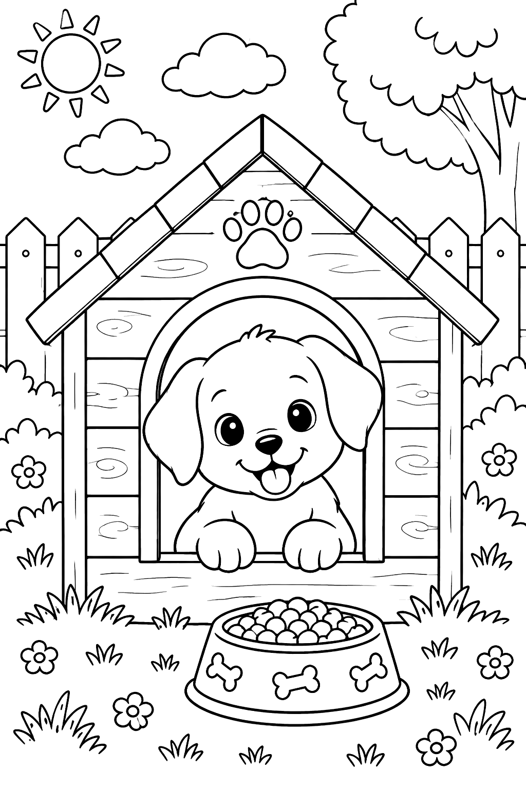 Puppy peeking out of a wooden dog house with a food bowl in front coloring page