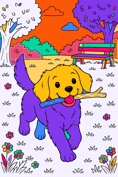 Puppy playing fetch with a stick in a park with trees and a bench coloring page