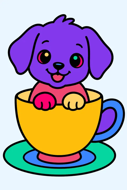 Tiny puppy sitting inside a teacup with a saucer underneath coloring page