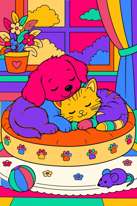 Puppy and kitten friends napping together on a round cushion by the window coloring page