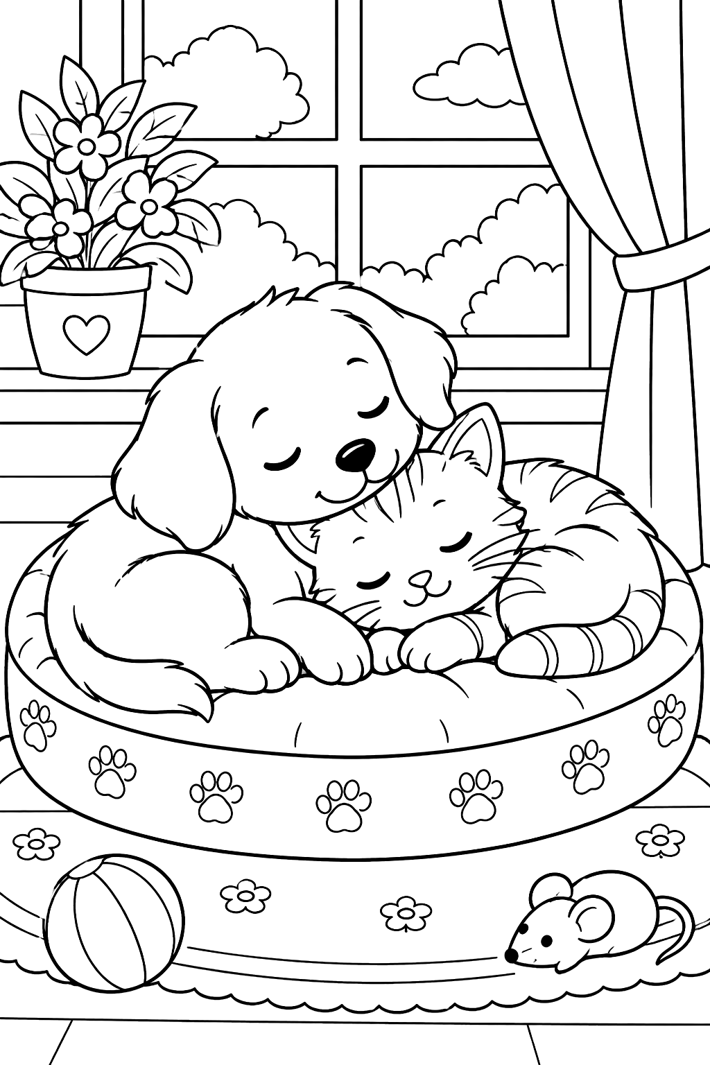 Puppy and kitten friends napping together on a round cushion by the window coloring page