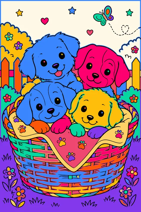 Puppy litter of four puppies snuggled together in a wicker basket coloring page