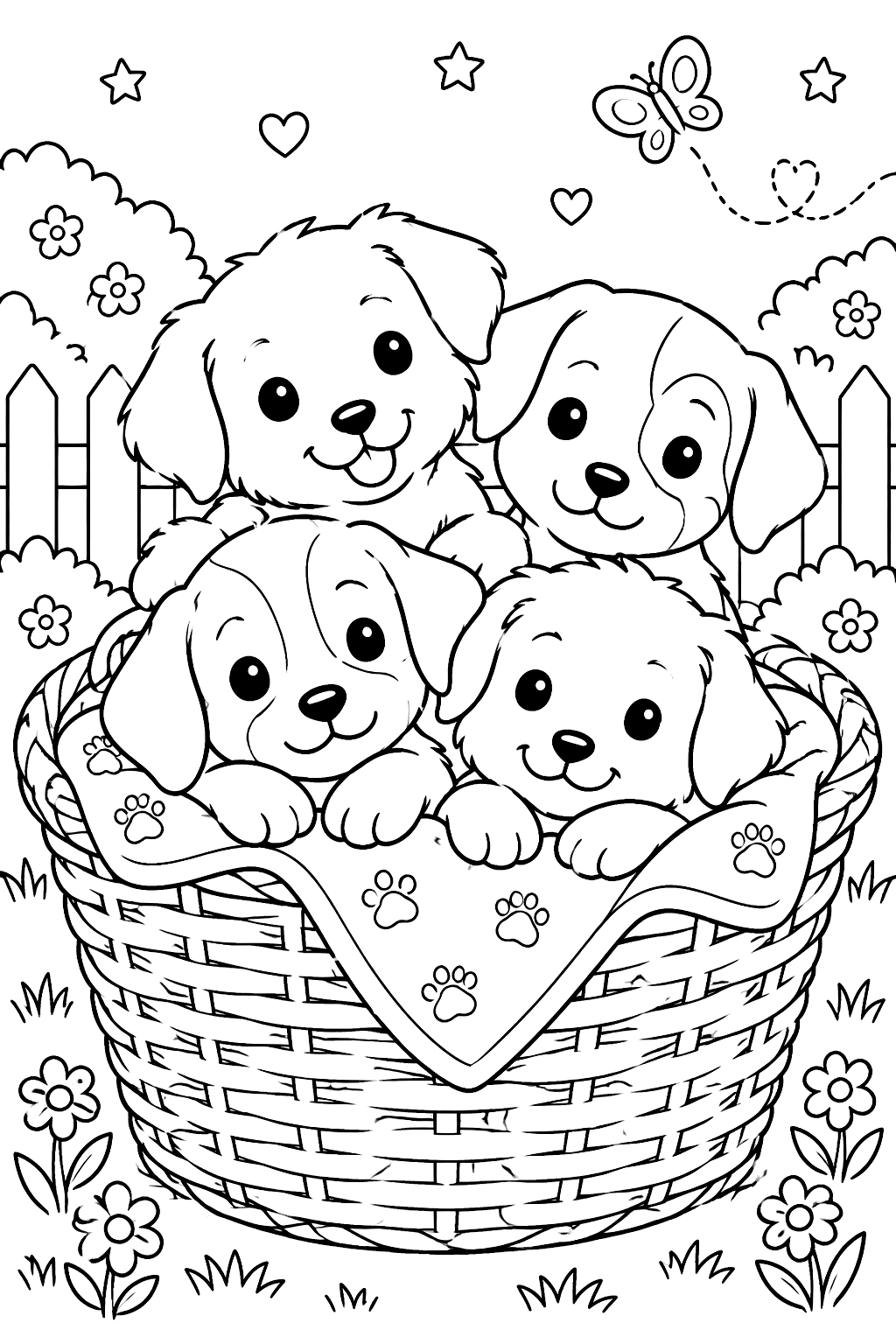 Puppy litter of four puppies snuggled together in a wicker basket coloring page