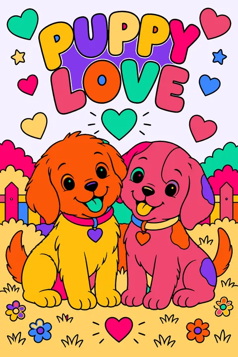 Puppy love written in big bubble letters with two puppies and hearts coloring page