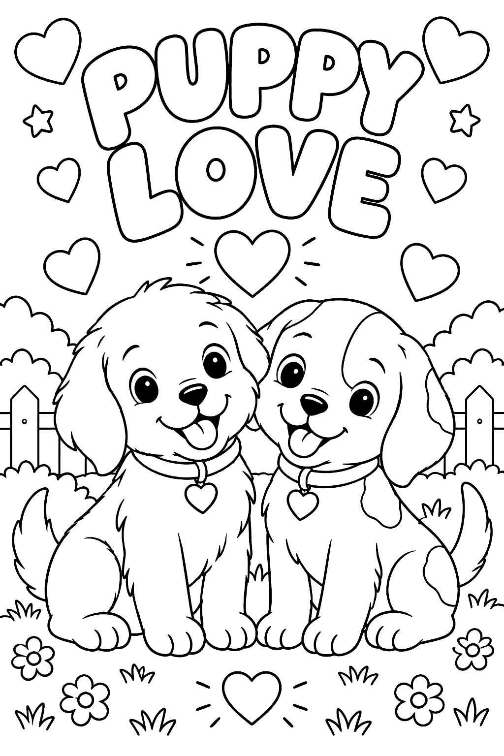 Puppy love written in big bubble letters with two puppies and hearts coloring page