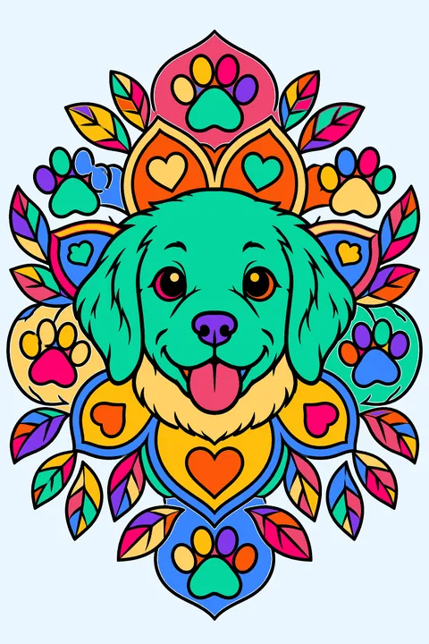 Puppy face surrounded by an ornate mandala of paw prints, hearts and leaves coloring page