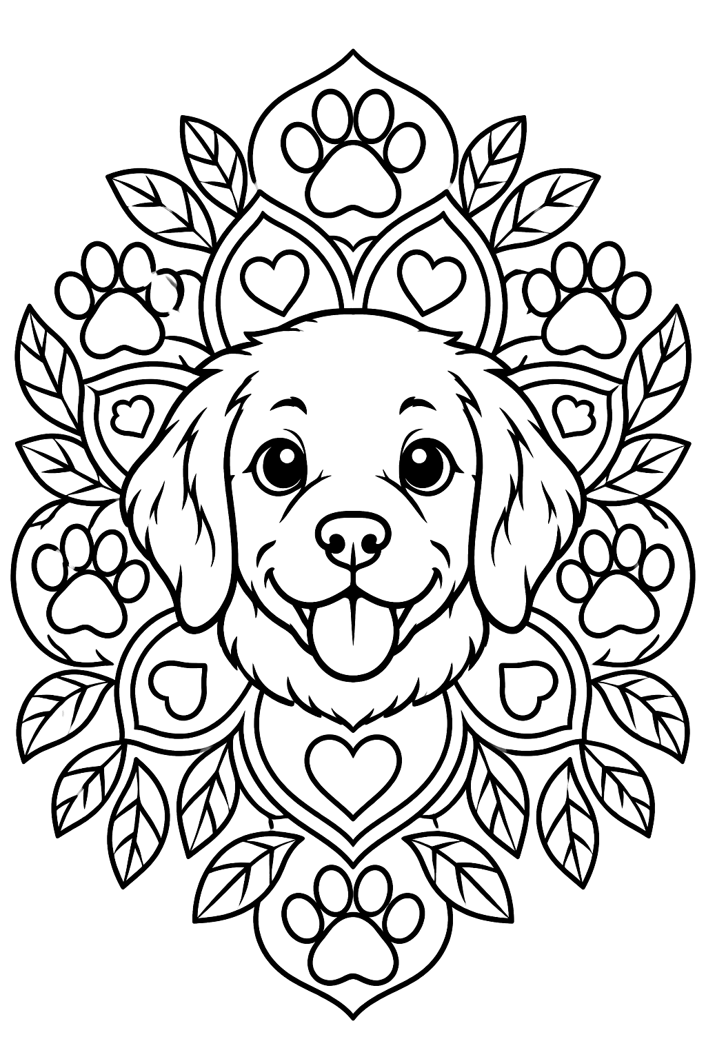 Puppy face surrounded by an ornate mandala of paw prints, hearts and leaves coloring page
