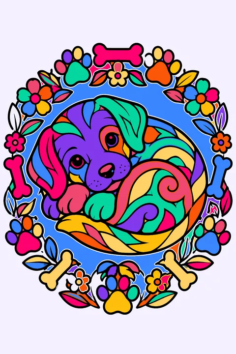 Puppy curled up in a round frame of detailed paw prints, bones and flowers coloring page
