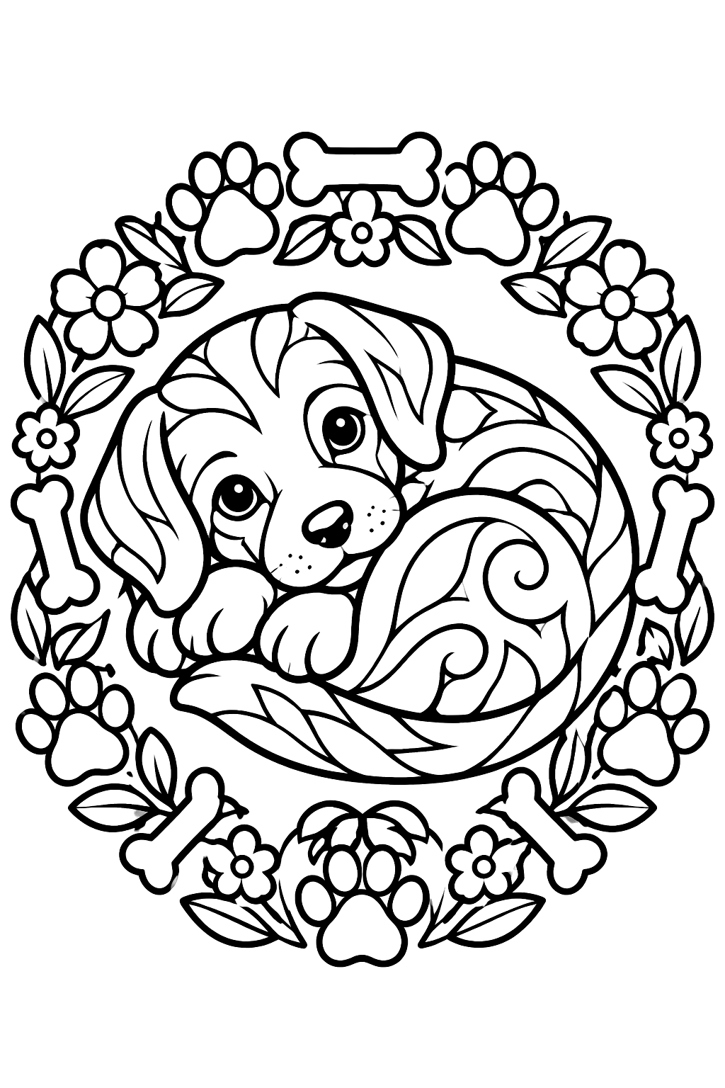 Puppy curled up in a round frame of detailed paw prints, bones and flowers coloring page