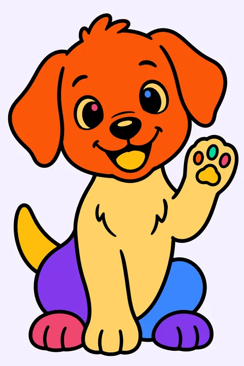 Smiling puppy sitting up and waving one paw hello coloring page