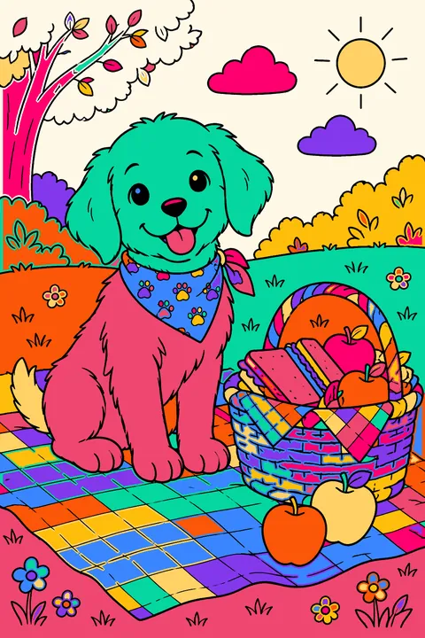 Puppy sitting on a picnic blanket next to a basket of sandwiches and apples coloring page
