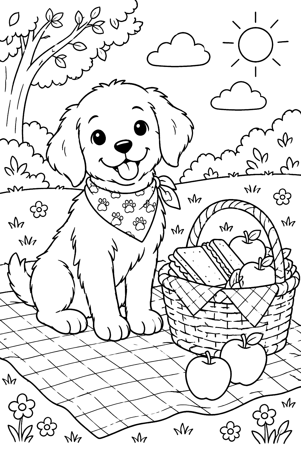 Puppy sitting on a picnic blanket next to a basket of sandwiches and apples coloring page