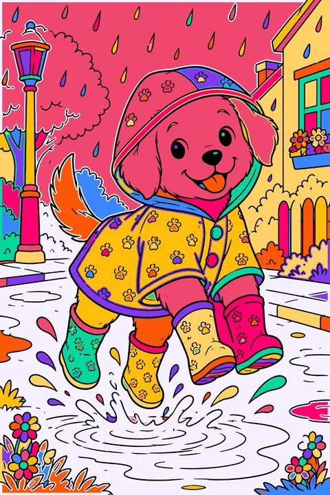 Puppy wearing a raincoat and boots jumping in a puddle on a rainy street coloring page