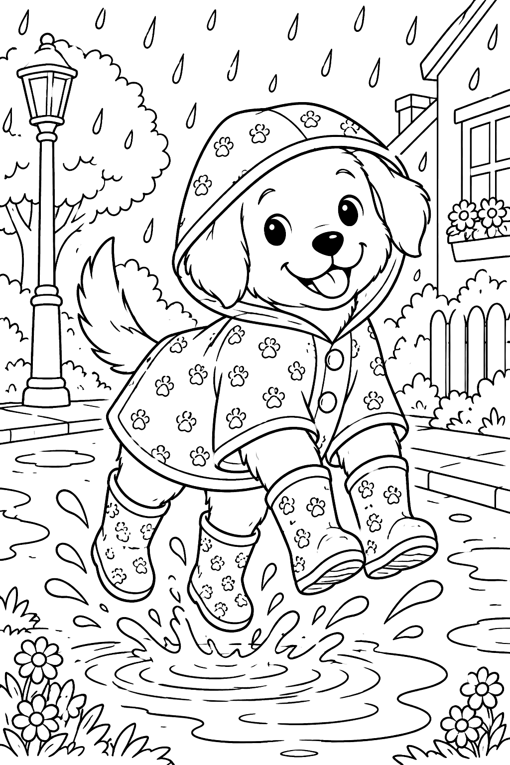 Puppy wearing a raincoat and boots jumping in a puddle on a rainy street coloring page