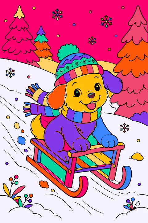 Puppy riding a wooden sled down a snowy hill with pine trees coloring page