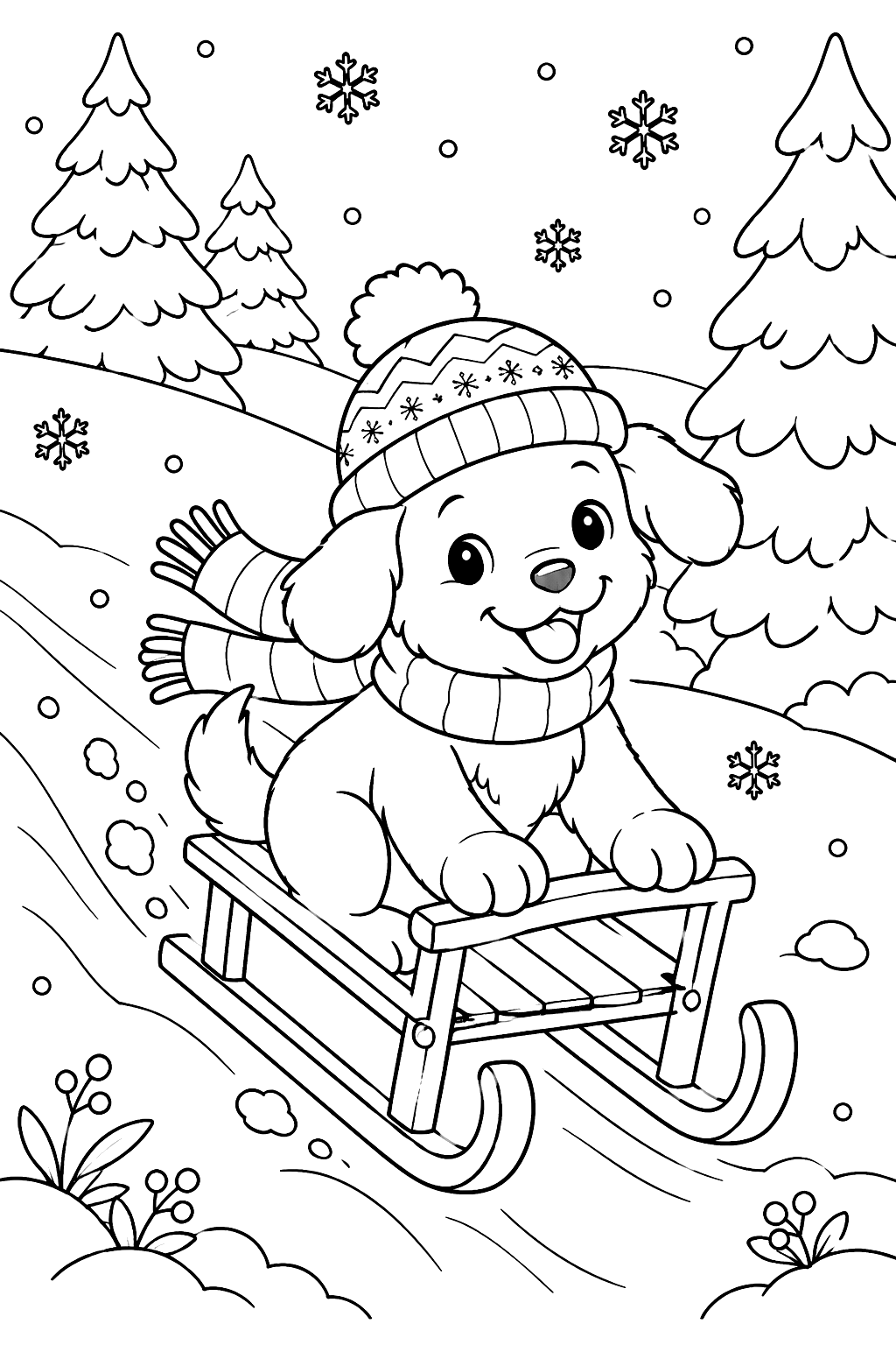 Puppy riding a wooden sled down a snowy hill with pine trees coloring page