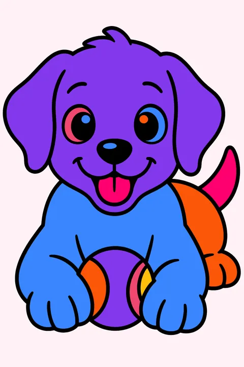 Puppy lying down with a tennis ball between its front paws coloring page