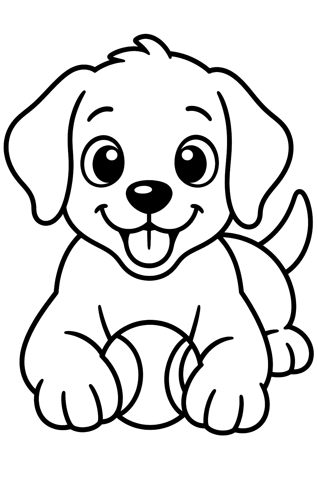 Puppy lying down with a tennis ball between its front paws coloring page