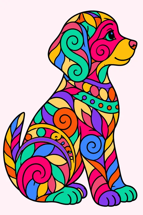 Puppy sitting in profile filled with intricate zentangle patterns and swirls coloring page