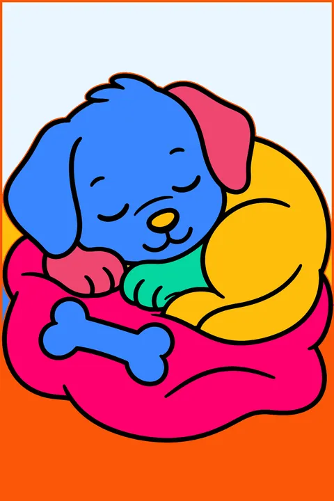 Sleepy puppy curled up on a soft blanket with a chew toy coloring page