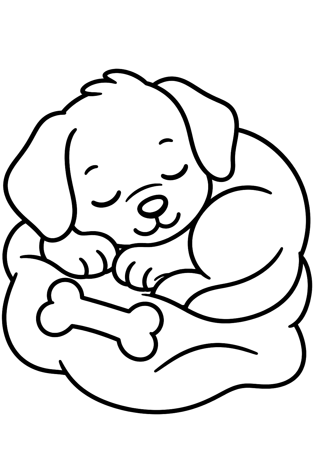 Sleepy puppy curled up on a soft blanket with a chew toy coloring page