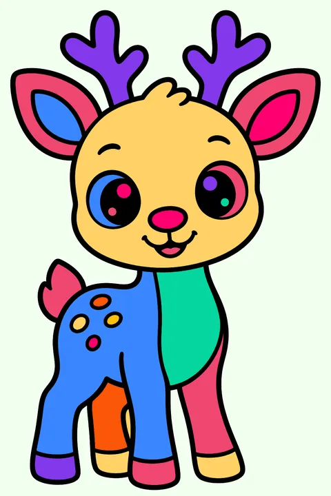 Baby reindeer standing in the snow with tiny antlers and big eyes coloring page