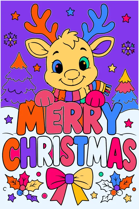 Big outline letters spelling merry christmas with a reindeer peeking over the top coloring page