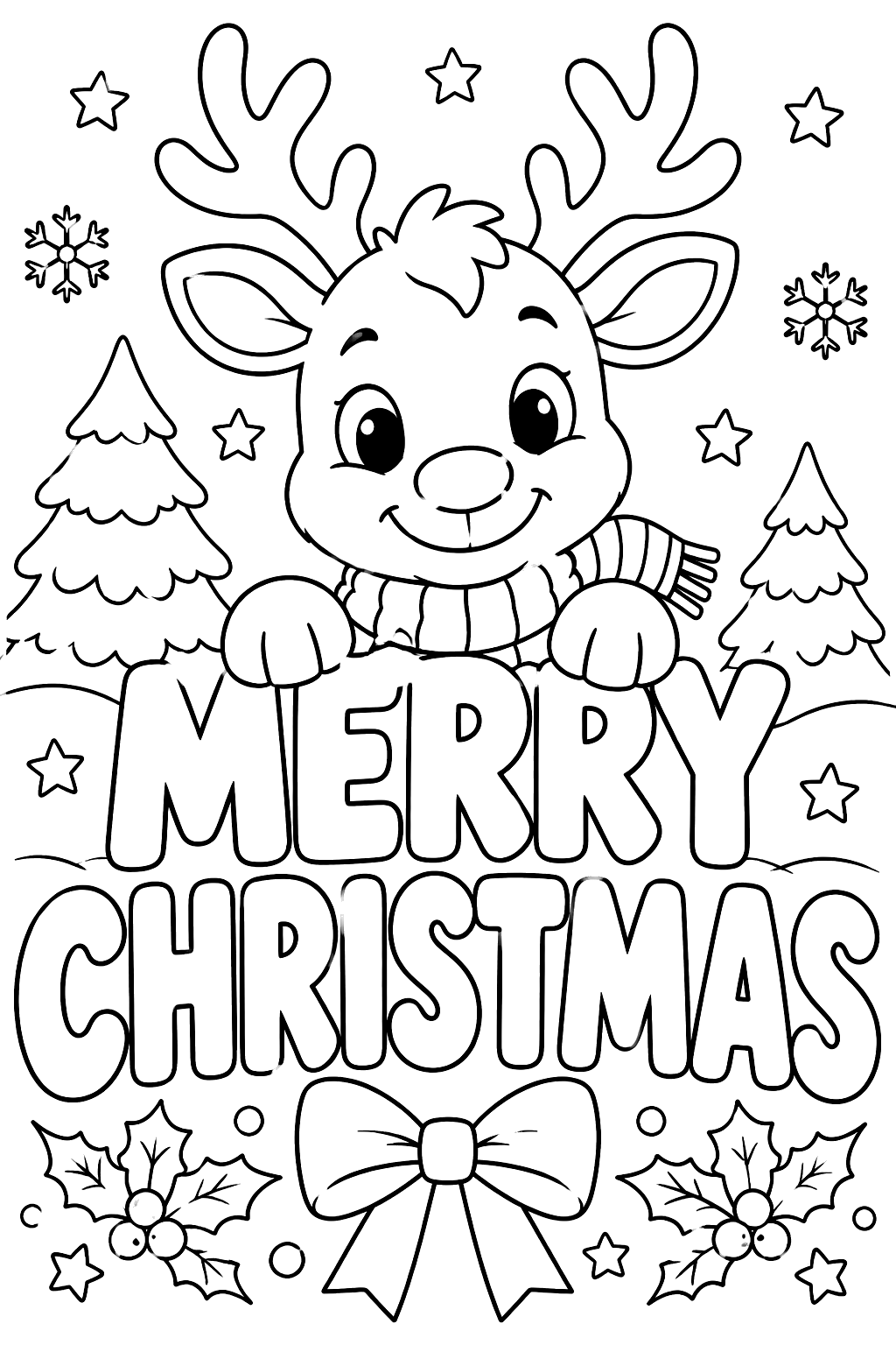 Big outline letters spelling merry christmas with a reindeer peeking over the top coloring page