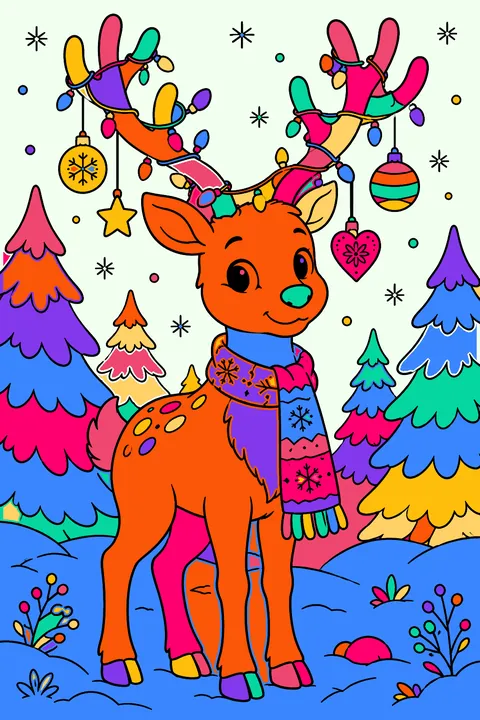 Reindeer with antlers wrapped in string lights and hanging ornaments in a snowy forest coloring page
