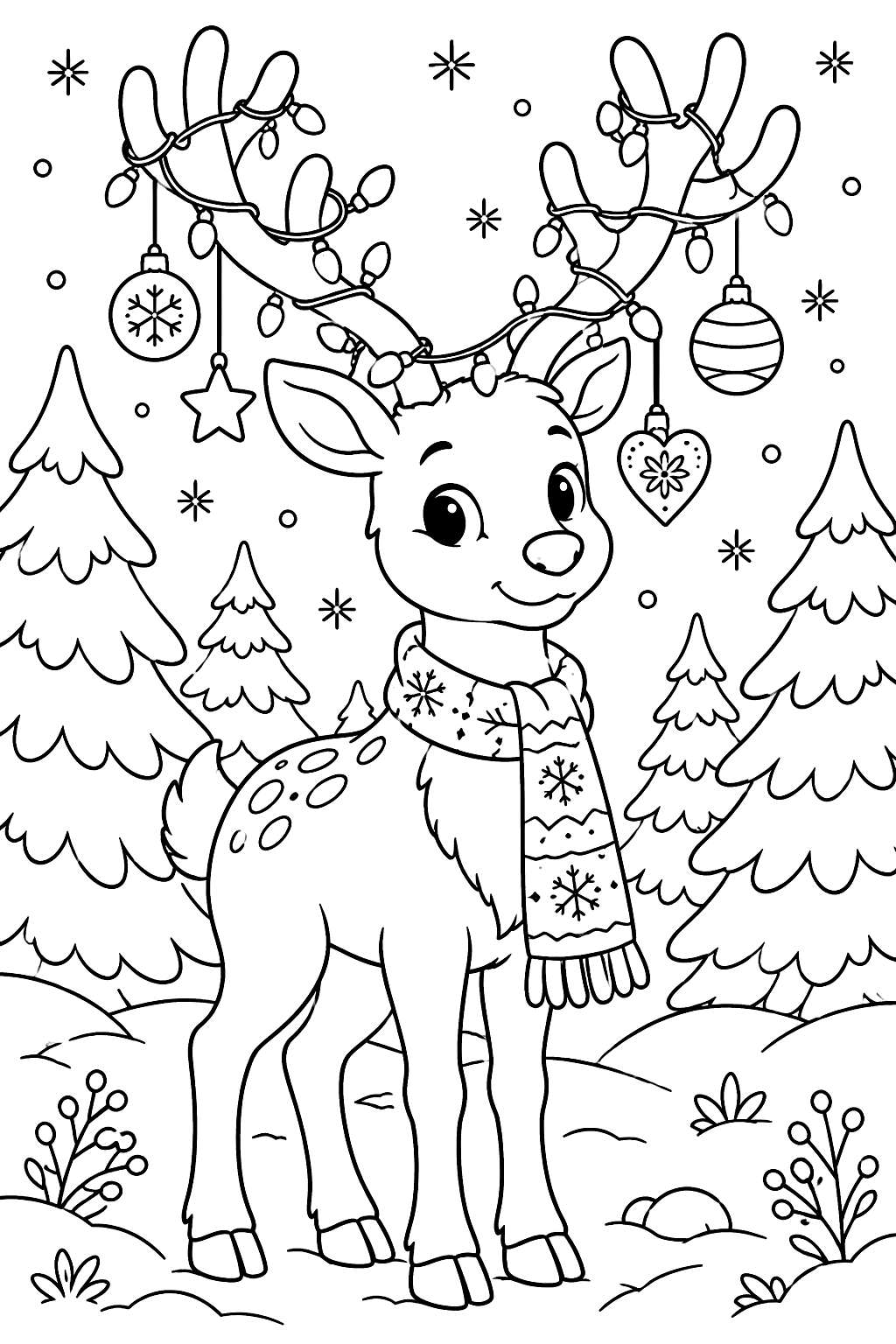 Reindeer with antlers wrapped in string lights and hanging ornaments in a snowy forest coloring page