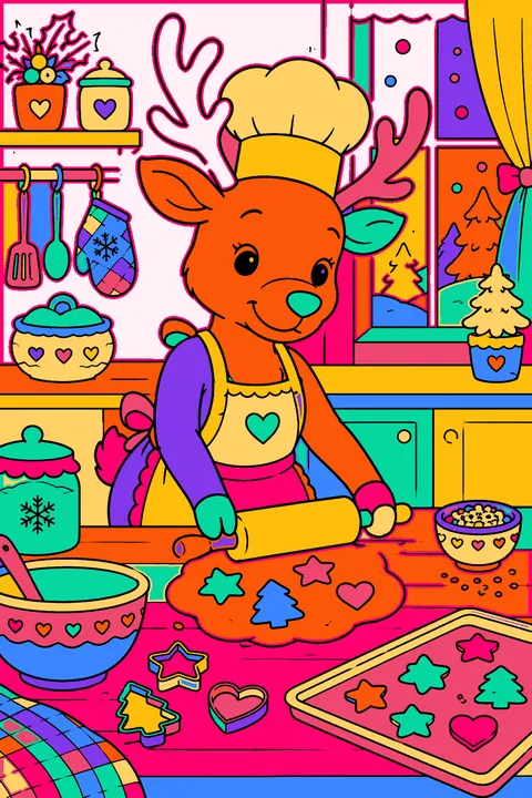 Reindeer baking cookies in a kitchen wearing a chef hat and apron coloring page